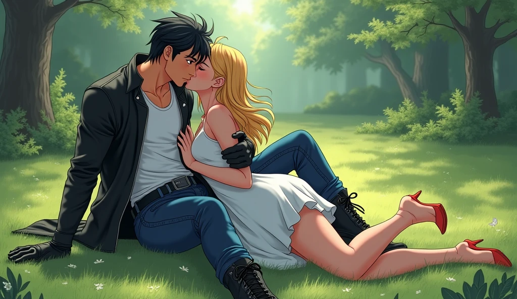 A muscular young man with black hair, wearing a white round-neck shirt and a black leather jacket over it, wearing blue jeans with a zipper down and an erect penis sticking out, black gloves, a black belt, and black combat boots, Having sex with a blonde woman wearing a white dress White dress and high heels In missionary position On the meadow in the forest, anime.
