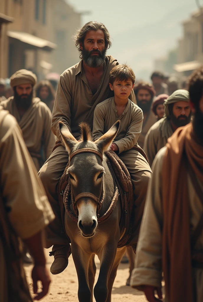 A man with his son on the back of a donkey has many people standing on the site