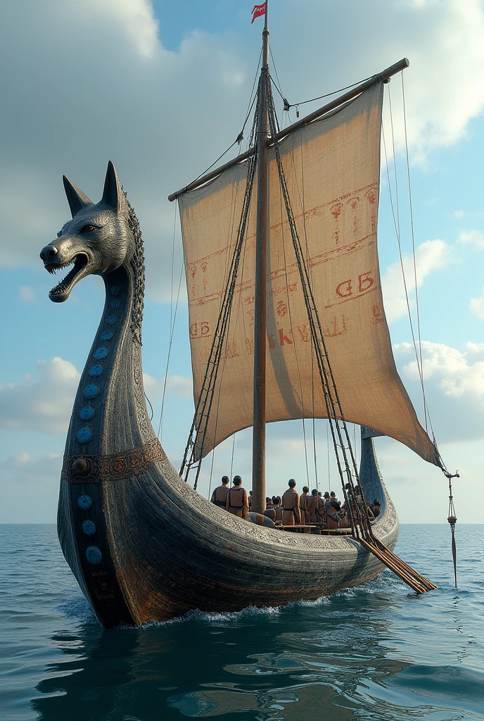 A sturdy, ancient Bronze Age ship designed for harsh North Atlantic conditions, approximately 20 meters long and 5 meters wide. The hull is long, narrow, with slightly curved, elevated prow and stern, resembling a serpent. The prow is carved with a stylized wolf head, mouth open, painted white and blue, while the stern features a detailed curved tail. The dark wood hull is reinforced with additional planks and treated with tar and animal fat, creating a menacing, waterproof finish with blue and white accents.

A single square sail made from seal skins, painted with red and brown runic symbols, is mounted on a 10-meter tall central mast. The rigging, made of animal tendons and plant fibers, is thick and durable, allowing quick adjustments in harsh weather. The deck is simple, with benches for up to 20 rowers, and small covered compartments for storage and shelter, lined with treated skins. Weapons include spear and bow mounts along the sides, with large wooden shields painted in black and red geometric patterns. The stern has a simple wooden paddle rudder and a larger spear for breaking ice. The ship is adorned with engraved battle scenes and legends, painted in red, white, and blue, reflecting the resilient and warlike spirit of the Áshkāndiz people.