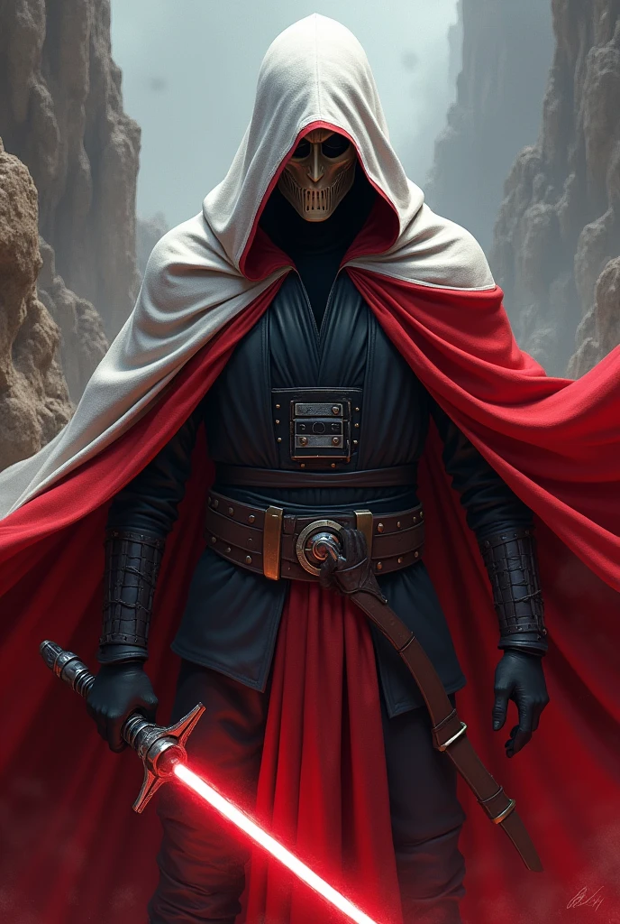 The country poland as a Sith Lord from Star Wars, angular grey face, with mask on face,Cape red and white, red lightsaber, agressive, frightening, ultra-realistic