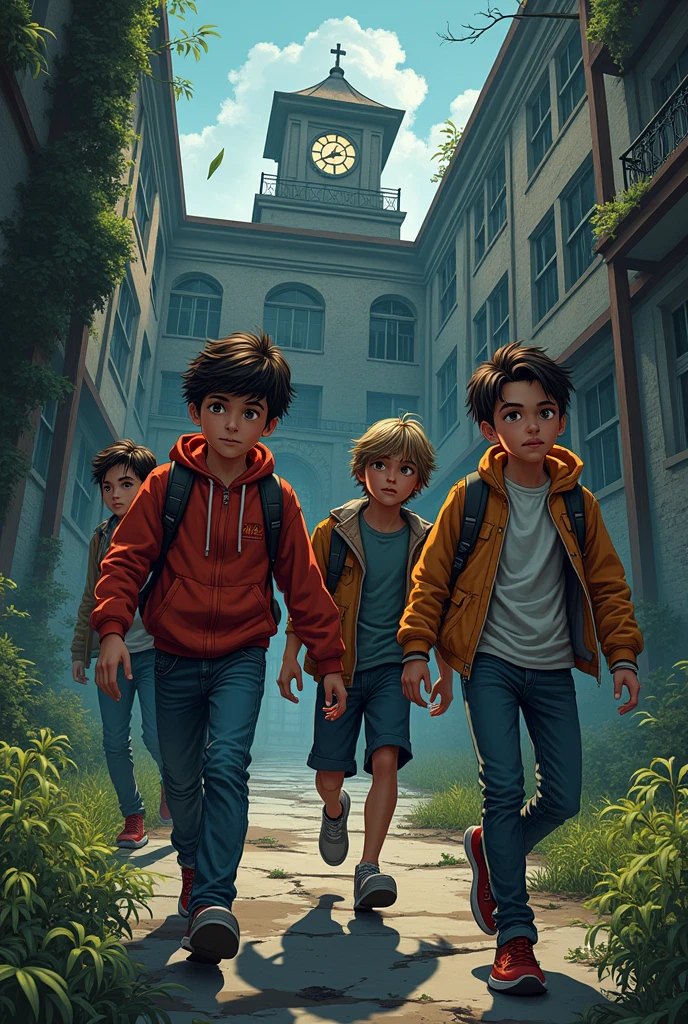 I need a cover for a comic that is about 4 age boys who walk into an abandoned school and it's all about action, His name is Cayo Perico, the title must appear