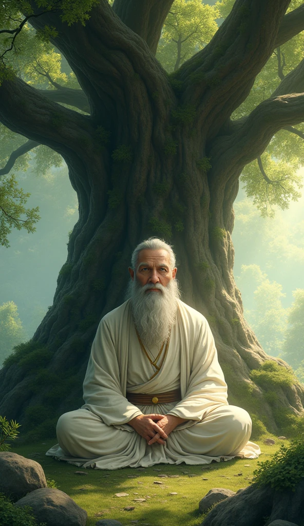 A wise and kind-looking saint, sitting under a large tree, with a gentle