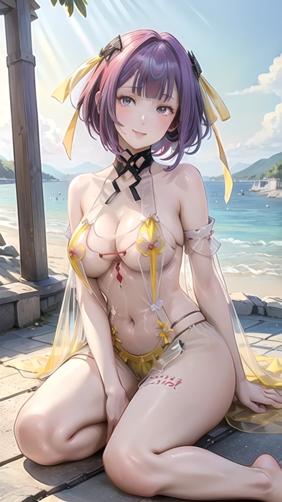 (((masterpiece, ultra HD, 8K quality))), (((clear and bright image))), anime, 1 woman, (((beautiful woman))), (((shining purple short hair))), (((shining attractive eyes))), ((((yellow eyes))))), (((eye highlights))), ((very long eyelashes)), (((very large breasts))), cleavage, (((beautiful sexy pose))), looking at the viewer, navel, (((cute smile))), water, thighs, bare shoulders, front tie top, arm support, narrow, ((((red colored see-through Love uniform))))), bare feet, collarbone, neck ribbon, halter neck, water's edge, (((summer beach in the background)))
