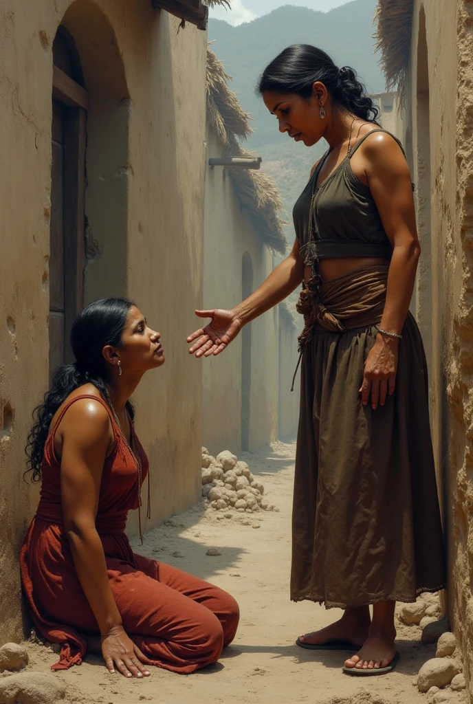 Micaela Bastidas looking with her hand outstretched at an Indian woman worker who is on the ground exploited from the colonial time of Peru