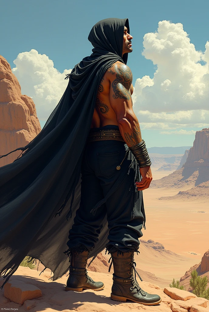 Full-body image from behind of a muscular, tattooed American Indian man, with a black hood and a large black cape covering his back, has no shirt and wears a loincloth, loose black pants, native boots and large metal bracelets on both wrists. He's in the Arizona desert, looking up at the sky. Frazetta art style.