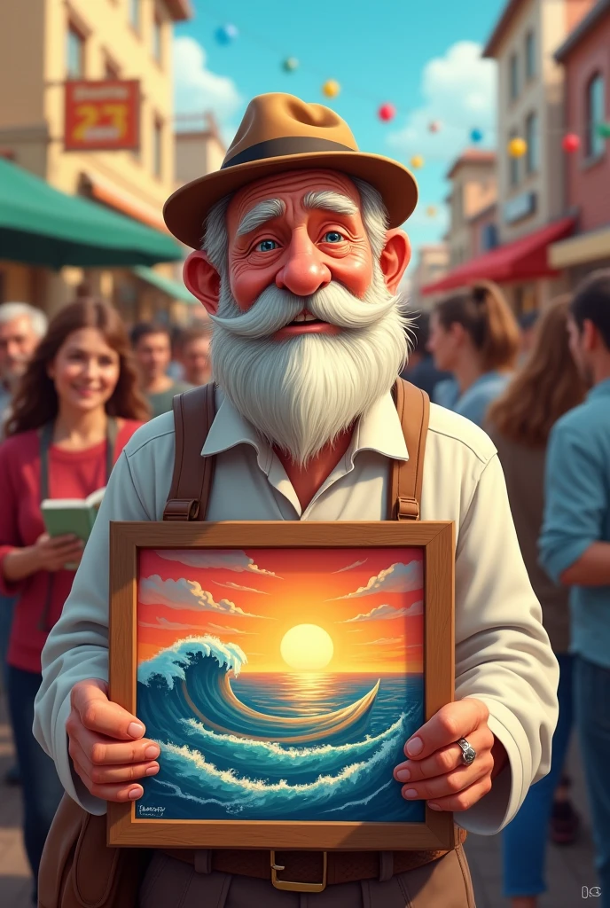 Cartoon old man holding painting of sea and sunrise , holding a picture book standing among many people, change round hat, White shirt