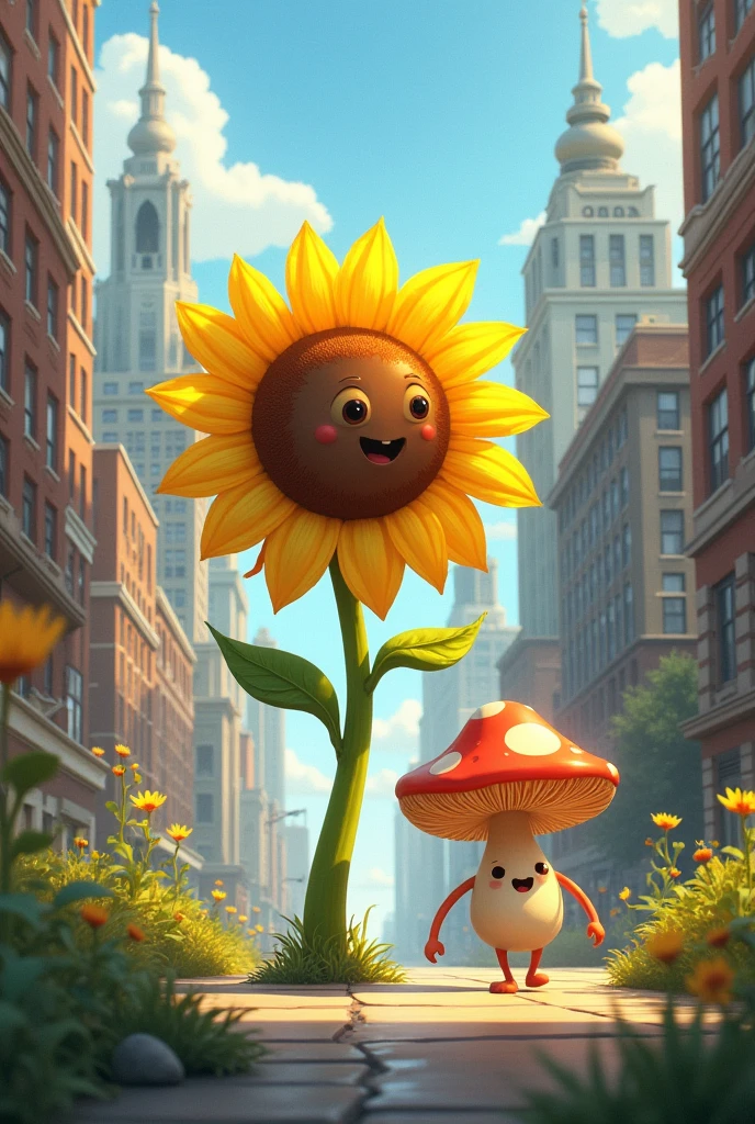 A sunflower and a mushroom walking through the city
