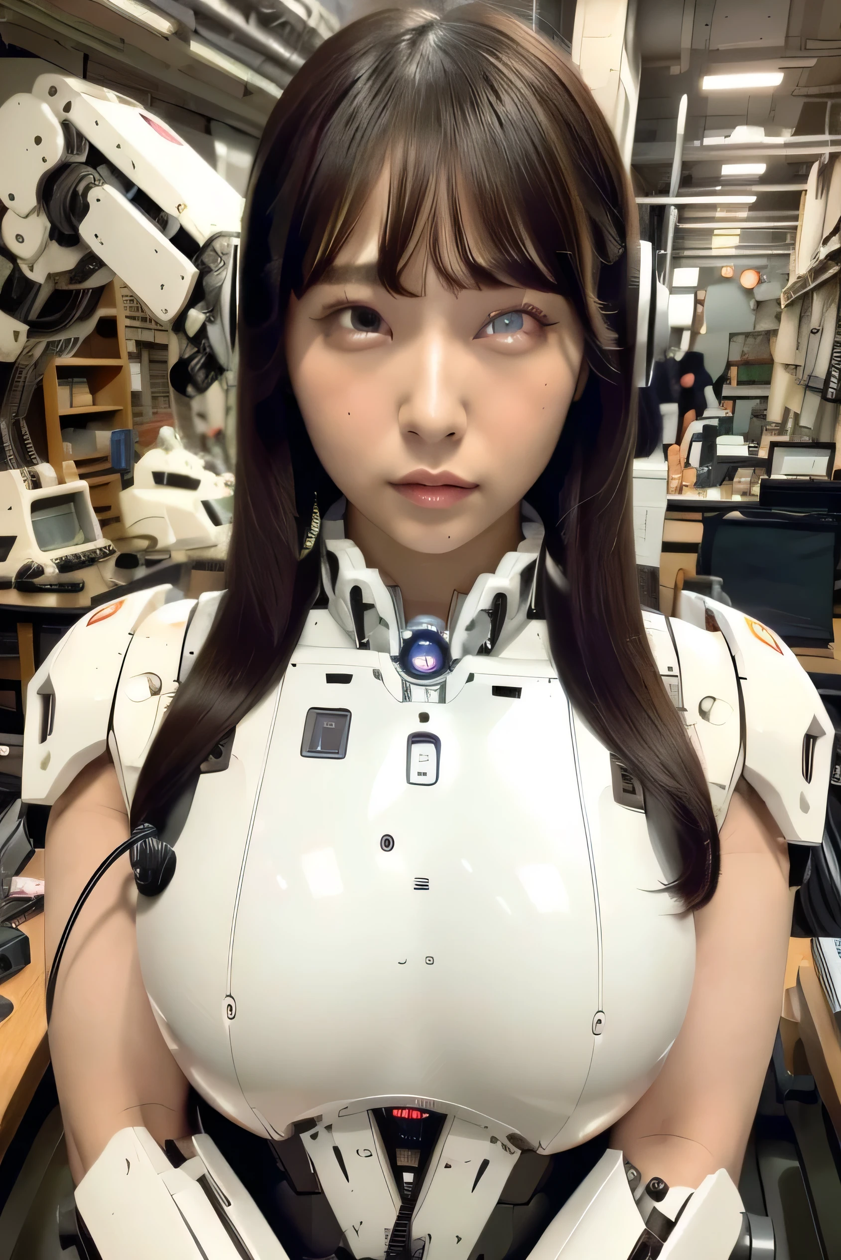 masterpiece, best quality, extremely detailed, Japaese android girl,portrait,Plump,a bit chubby,control panels,android,Droid,Mechanical Hand, Robot arms and legs, Black hair,Blunt bangs,perfect robot girl,long tube,thick cable connected her neck,android,robot,humanoid,cyborg,japanese cyborg girl ,robot-assembly plant,She is assembling now,assembly scene,glowing red eyes,chest monitor,office-lady