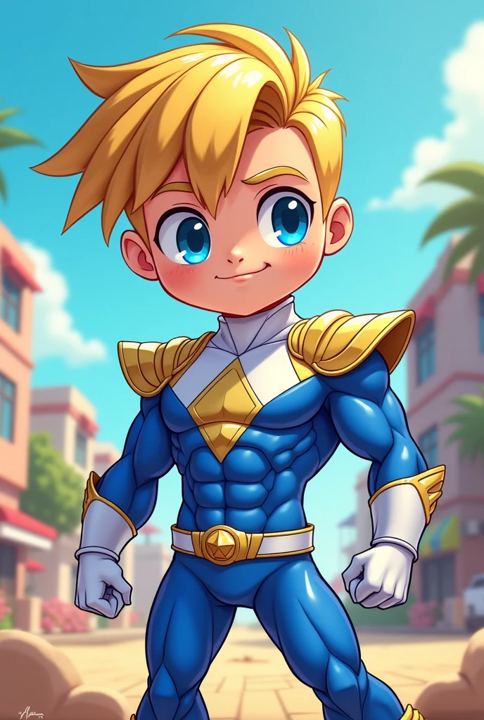 Chibi, fitnes boy, sexy, cute, tiny smile, blue eyes, sunnny day, power rangers blue white latex clothes, ombreira, yellow hair, thicc,cartoon, big breasts, big butt,
