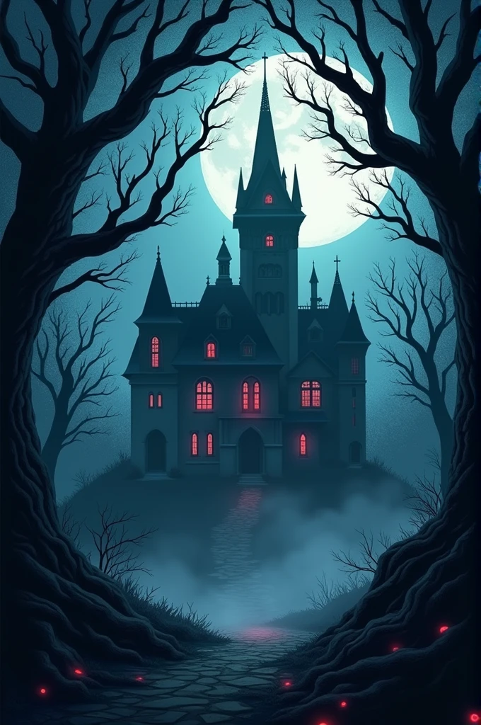 Create a cover for a book, that shows a mansion in the middle of a forest at night, dark, and shows shadows with red eyes that glow in the darkness of the place