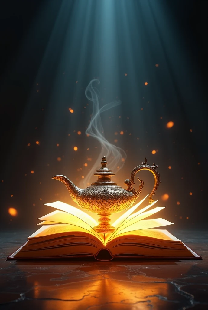 Magic lamp taking out a giant book with light open and in the style of Scarface