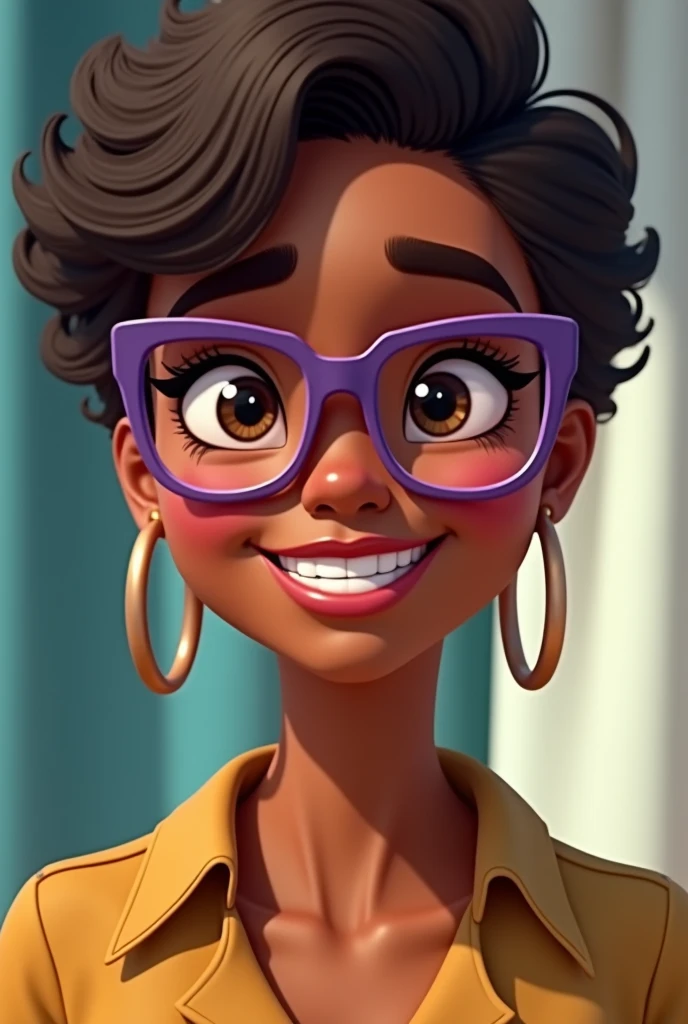animation, Portrait of an African woman, Brown eyes, curtain, discreet clothing, shorth hair, with rectangular purple glasses, medium hoop earring, Grinning, Brown lipstick and discreet makeup, carrying shopping bags in hand, no shopping