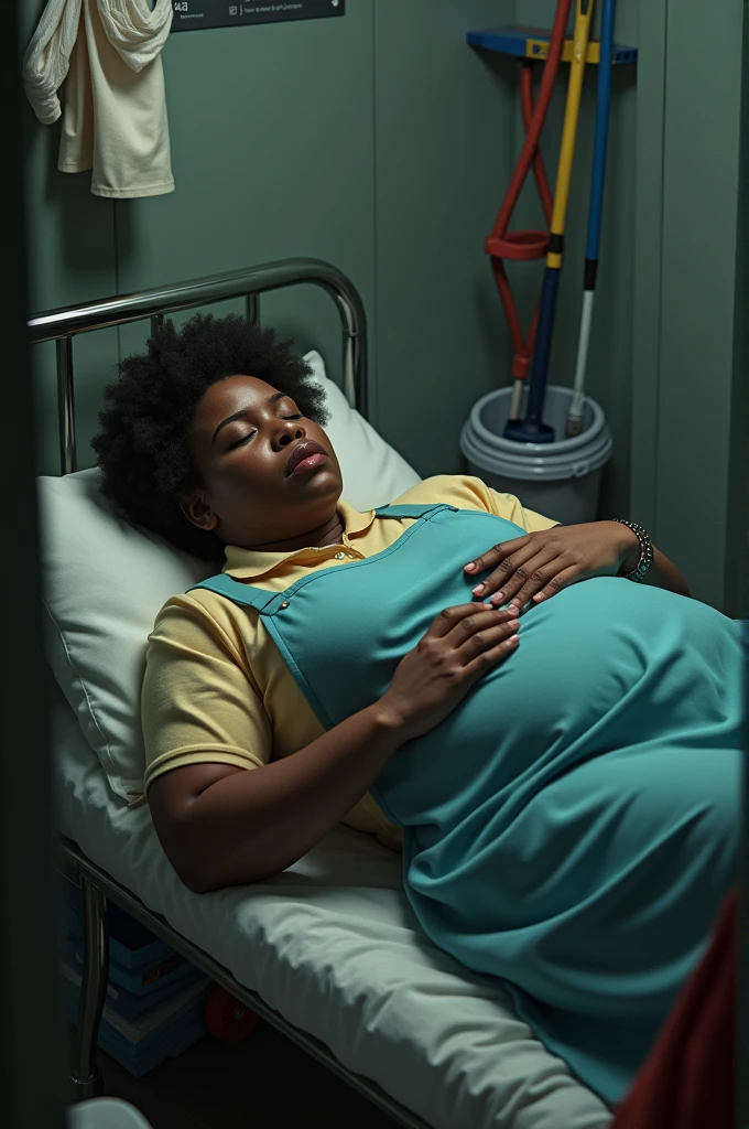 The cleaning lady is sleeping in the cleaning room. The big breasted black skin cleaning lady is checking with herself