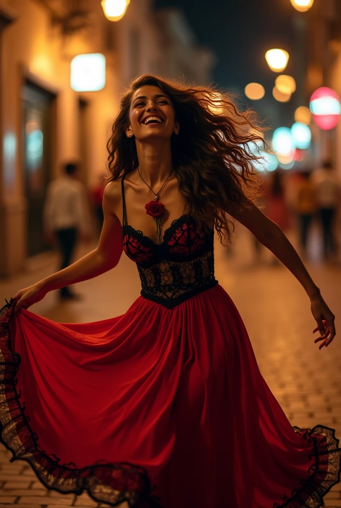((best qualityer)), ((work of art)), (detailded), realistic photograph of a woman, Spanish, 4, piercing look, skin tanned, Long lace dress in red and black, voluminous hair, long and loose, with a rose around his neck, dancing, spinning and laughing, street background at night