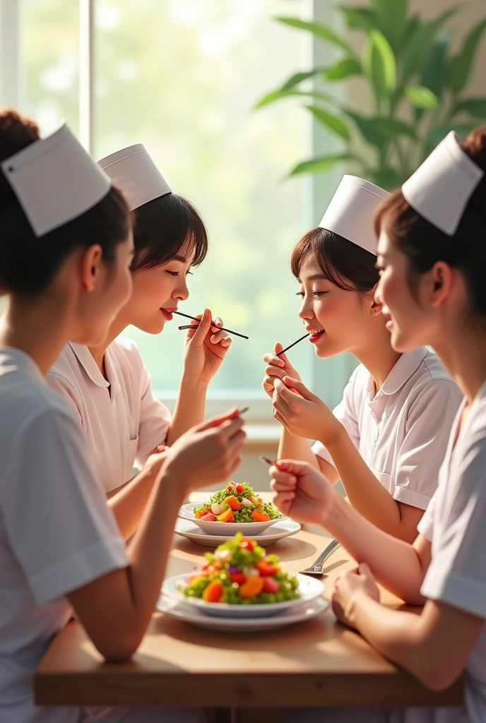 Six nurses sit eating papaya salad using their bare hands.
