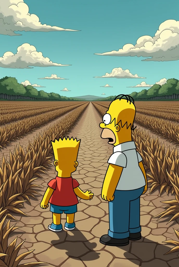 a simpsons style image of a huge field of dry soil with homer and bart simpson looking shocked because their rows of crops are all dead and the soil is dry. all the plants are brown. it's zoomed out to show a large area of land