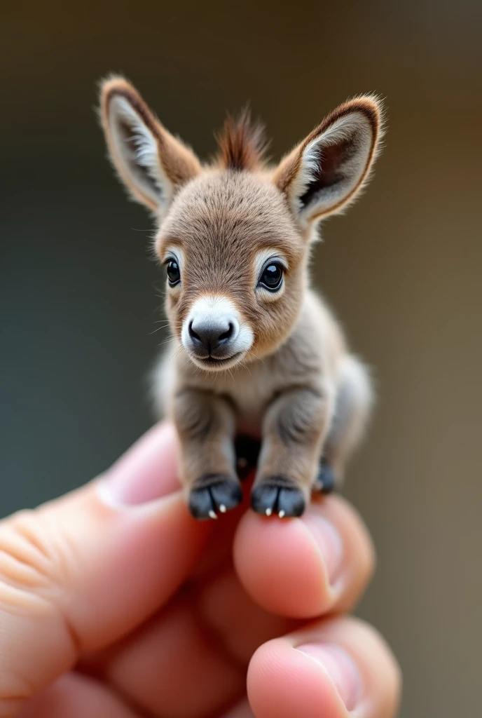 a tiny baby donkey perched on someone's finger, incredibly cute and adorable, highly realistic photo capturing the subtle features of the miniature donkey with precise detail, photorealistic, 8k, masterpiece, exploration, macro photography, macro lens, natural lighting, vibrant colors, detailed textures, soft focus, shallow depth of field, adorable expression, curious gaze, delicate features, soft fur, incredibly small scale