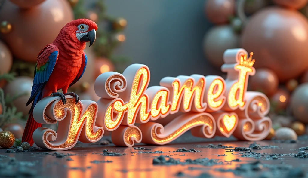 A captivating 3D illustration showcases a visually stunning and enchanting scene with a parrot perched perfectly on the name "Mohammed ❤ Luqman." The name is written in exquisite, opulent white lettering with orange peridot luminescence, featuring an elaborate font design adorned with swirls, hearts, and a majestic gold crown on each letter. The overall composition exudes elegance and sophistication as it gracefully leans to the right. The intricate background consists of various shapes and elements that add depth and dimension, creating a truly captivating visual experience. This masterpiece is a testament to the artistic fusion of fashion, 3D rendering, and illustration., photo, 3d render, fashion, illustration