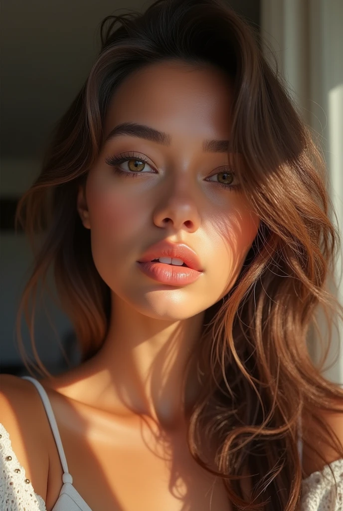 a beautiful digital influencer woman taking a selfie, (best quality,4k,8k,highres,masterpiece:1.2),ultra-detailed,(realistic,photorealistic,photo-realistic:1.37),beautiful detailed eyes,beautiful detailed lips,extremely detailed eyes and face,longeyelashes,fashionable clothing,dynamic pose,natural lighting,warm colors,professional studio lighting,award winning digital art