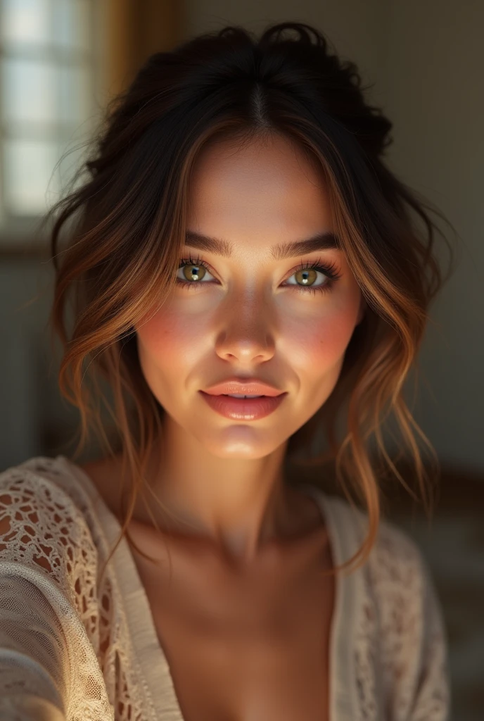 a beautiful digital influencer woman taking a selfie, (best quality,4k,8k,highres,masterpiece:1.2),ultra-detailed,(realistic,photorealistic,photo-realistic:1.37),beautiful detailed eyes,beautiful detailed lips,extremely detailed eyes and face,longeyelashes,fashionable clothing,dynamic pose,natural lighting,warm colors,professional studio lighting,award winning digital art