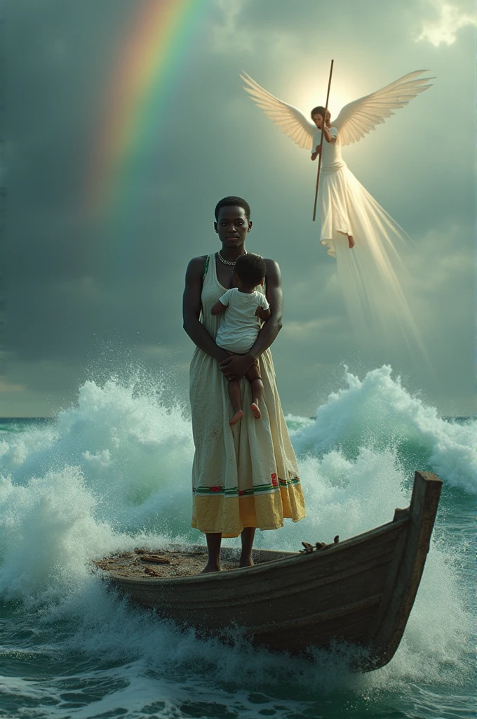 an Ethiopian beautiful ebony skin color women wearing slightly dirty white dress with small strip of green, yellow and red ,she is holding a child standing on a small local ship,the ocean try to distroy the ship and her pray stop the storm, rainbow shown, an Angele also shown from far holding a stick to stop the storm.octane render, trending on artstation, greg rutkowski very coherent symmetrical artwork. cinematic, hyper realism, high detail, octane render, 8k