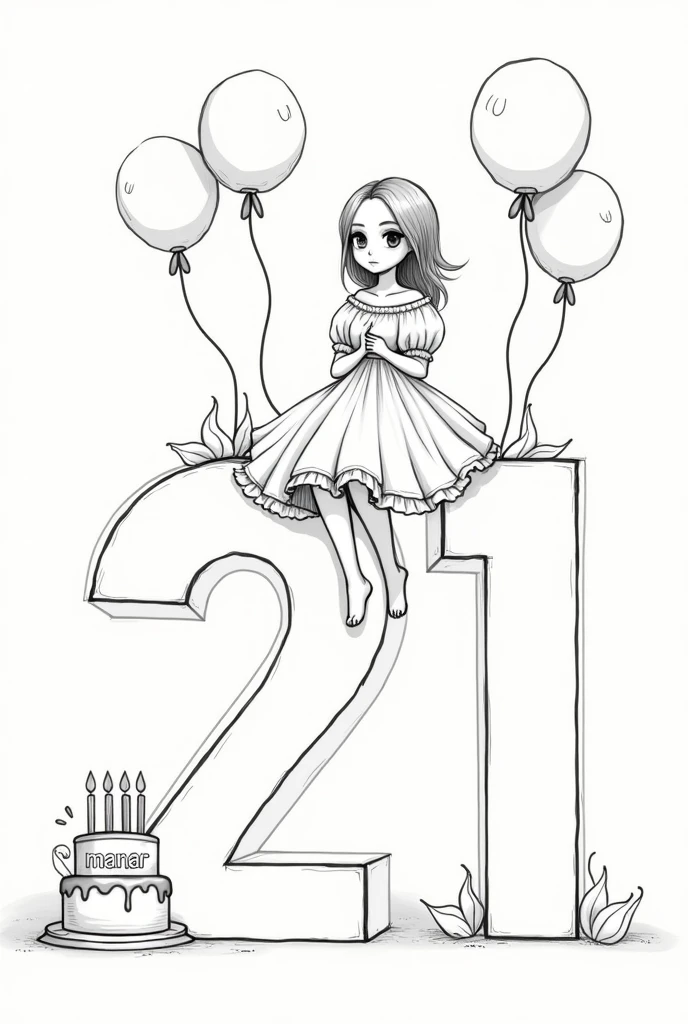A girl is sitting on a large number 21, wearing a beautiful dress with a covered chest, two balloons behind her, and in front of her a cake with Manar written on it, a 2D drawing with outline 