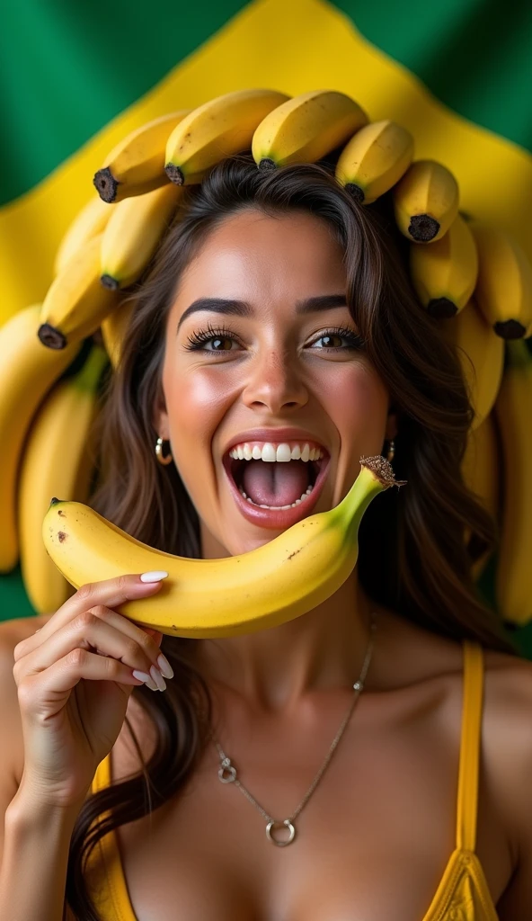 Clothed 30's、A very beautiful Brazilian woman。Dressed in traditional American clothing。Facing forward、Open your mouth wide、The banana in her right hand looks delicious.、I bite into it with the skin on.。The expression is、Ecstatic expression、I feel a strong sense of ecstasy。Being sexually aroused。With a smile、Both eyes are open。The head was peeled、Covered with lots of real bananas。On and around the head、There are a lot of bananas。There are bananas all around。There are so many bananas。The skin is、Hidden by clothes、Light clothing。There are bananas all around。Covered in bananas。No tattoos。The background is the colors of the Brazilian flag.。9:16 sizes。Highest quality、A masterpiece。