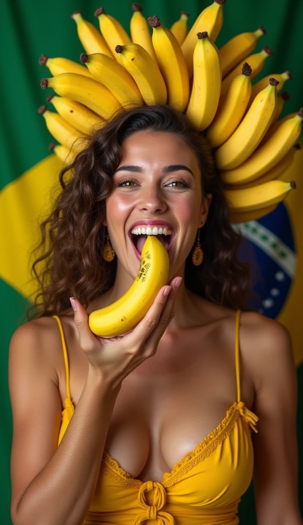 Clothed 30's、A very beautiful Brazilian woman。Dressed in traditional American clothing。Facing forward、Open your mouth wide、The banana in her right hand looks delicious.、I bite into it with the skin on.。The expression is、Ecstatic expression、I feel a strong sense of ecstasy。Being sexually aroused。With a smile、Both eyes are open。The head was peeled、Covered with lots of real bananas。On and around the head、There are a lot of bananas。There are bananas all around。There are so many bananas。The skin is、Hidden by clothes、Light clothing。There are bananas all around。Covered in bananas。No tattoos。The background is the colors of the Brazilian flag.。9:16 sizes。Highest quality、A masterpiece。