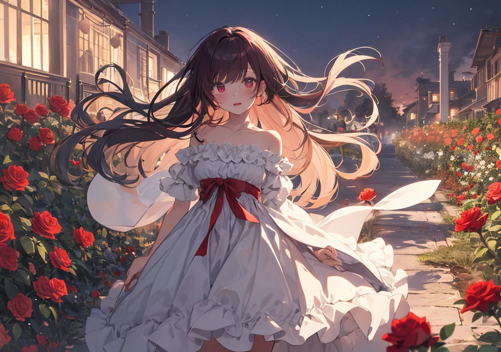 A girl stands surrounded by red roses in full bloom in a garden at dusk. Her hair is dark cherry red and sways beautifully like the roses swaying in the wind. She wears a white dress and has a calm, passionate expression. The soft sunset in the background emphasizes the romantic atmosphere