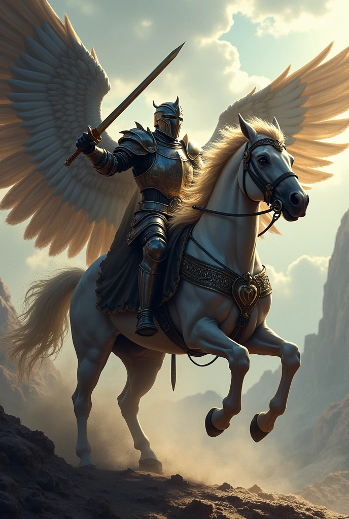 A black archangel and knight, on a horse and using a sword and shield