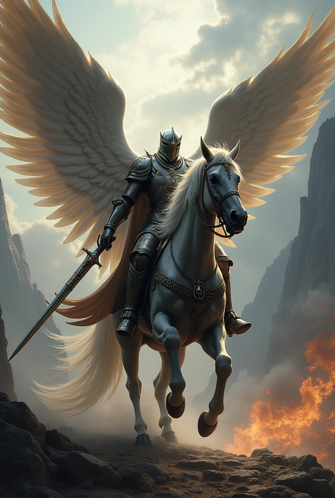 A black archangel and knight, on a horse and using a sword and shield