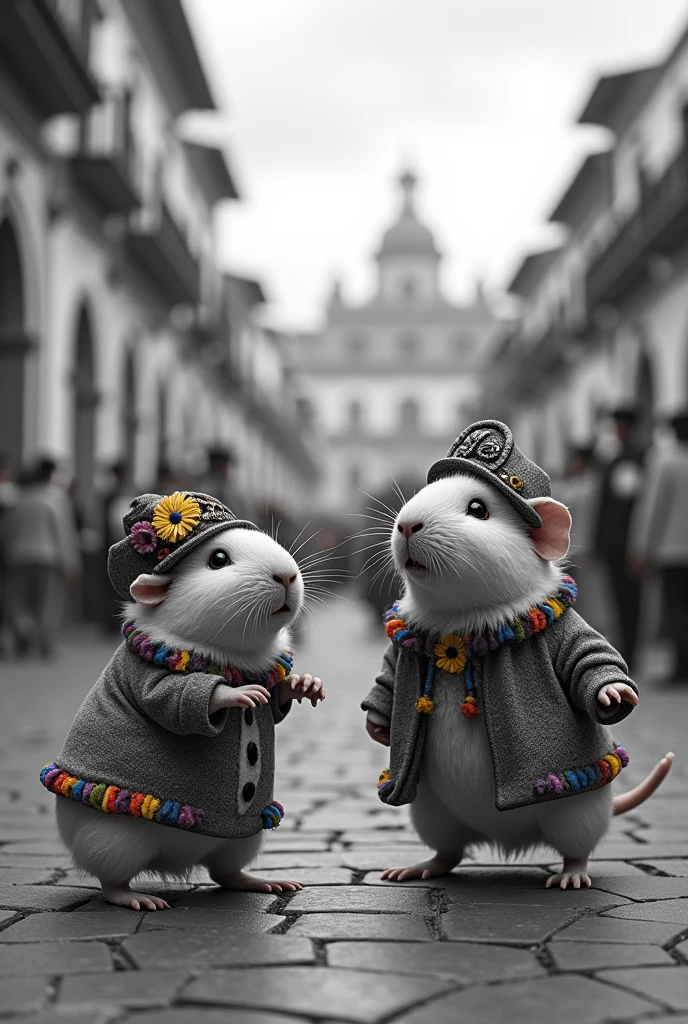 CREATE A GOOD QUALITY AND COLOR IMAGE OF SOME GUINEA PIGS PLAYING THE BLACK AND WHITE CARNIVAL OF THE CITY OF PASTO NARIÑO, IN THE BACKGROUND THE CITY