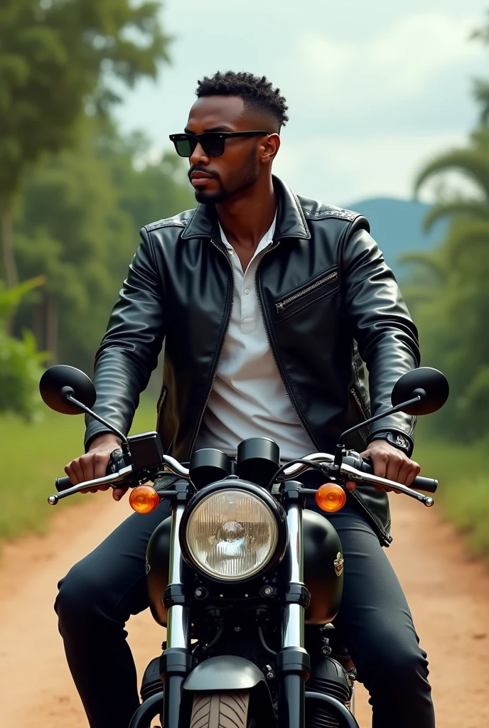 Illustration of a tall black man with fine features, with low cut hair, thin moustache, slim but defined body, sitting on top of a black Yamaha drag star 350cc motorcycle wearing black jeans and a black leather jacket with a white shirt underneath, wearing black Ray ban sunglasses. He has his face turned slightly to the side and further back in the landscape.. He is on a dirt road with trees behind, typical of the city of Vitória da Conquista Bahia Brazil.