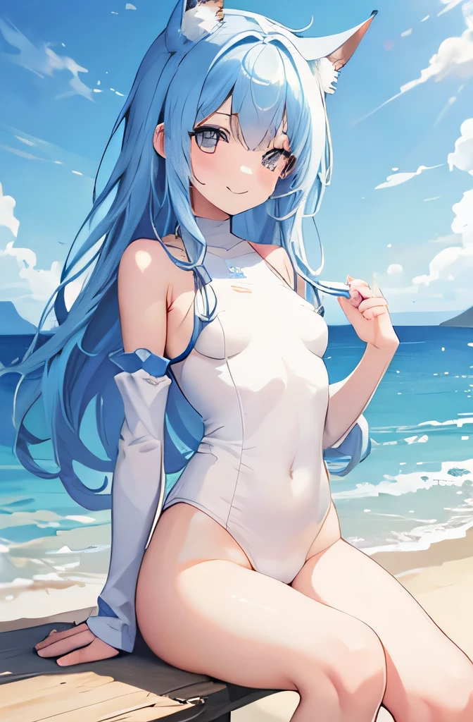 Highest quality、high resolution、One girl、Light blue hair、Small breasts、Nipples are visible、Swimwear、White knee-high socks、Pussy line、smile、Seaside、Sandy Beach、Twilight Sky