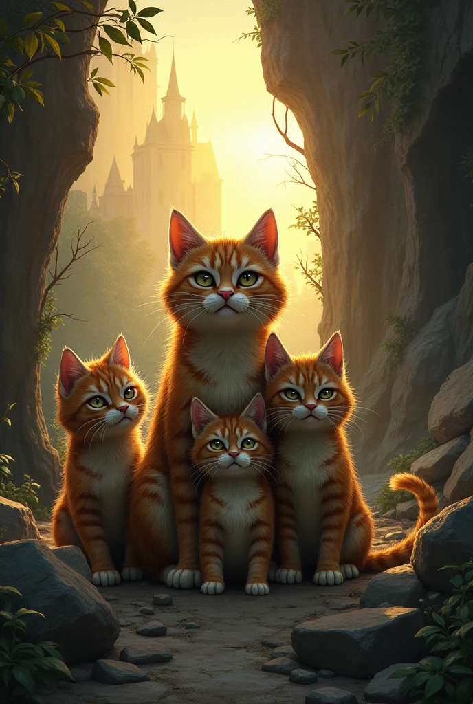 The cat family, relieved and exhausted, stands together in the forest, with the fort crumbling in the background. The dawn breaks, casting a warm glow over their escape
