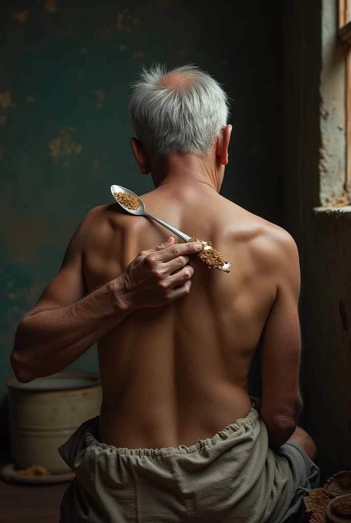elderly Brazilian man on the back with a spoon in his hand massaging his spine with the spoon and a strange portion next to it