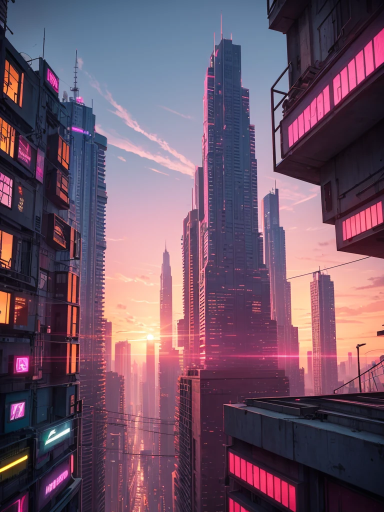 a background of a cyberpunk city, at sunset with a view of the pink sky