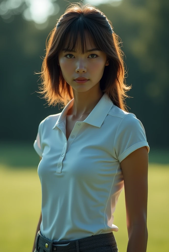 Japanese、woman、Golf Wear、athlete、Cinematic image quality、With bangs、Brown Hair、19age、