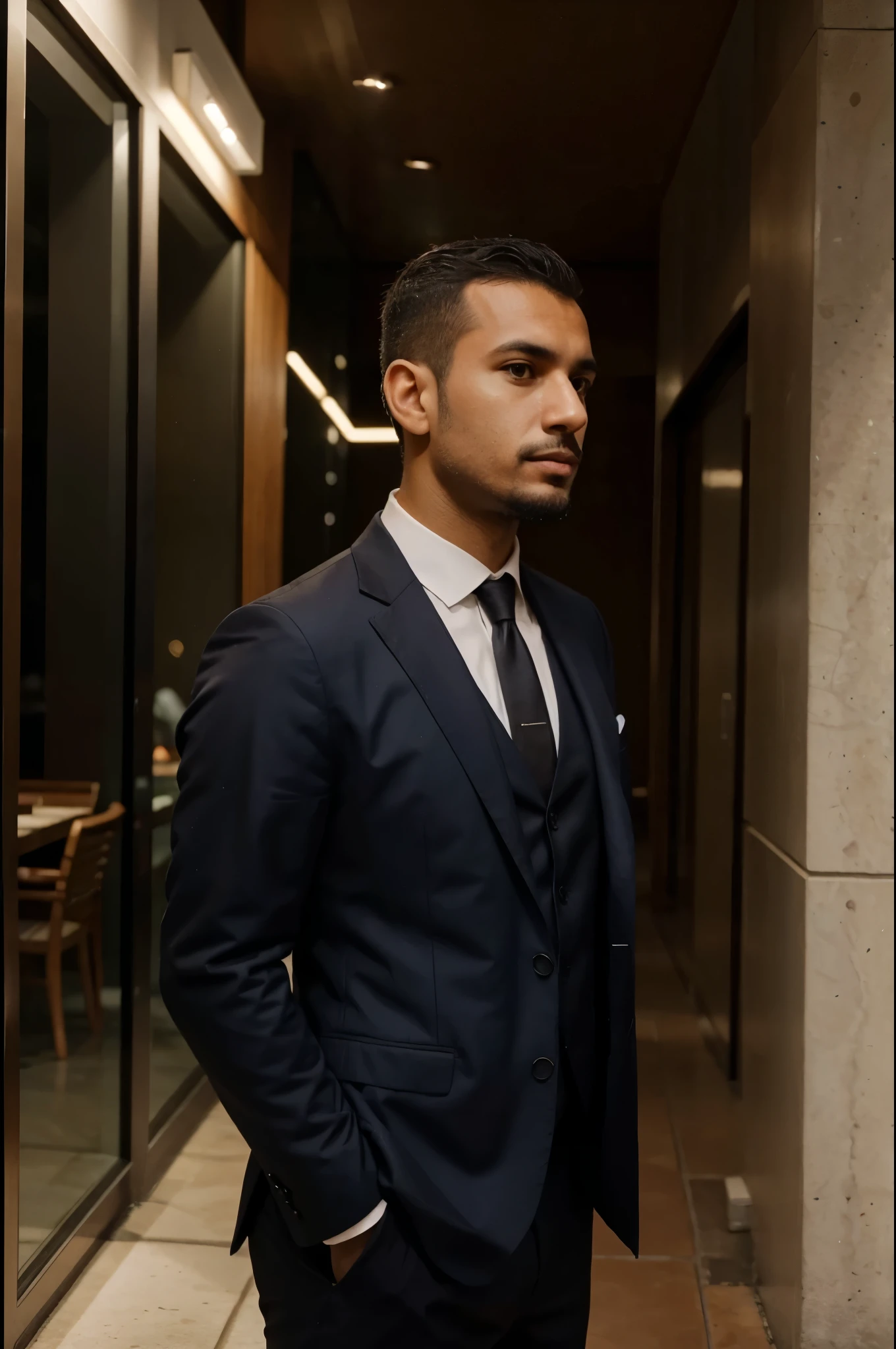 Brazilian arafed man with a short beard, glued to the face and a gentleman suit in front of a expensive restaurant in brazil, a colorized photo inspired by Antônio Parreiras, trending on instagram, hurufiyya, profile image, 1614572159, profile pic, profile photo, caio santos, icaro carvalho, shoot by iphone 13