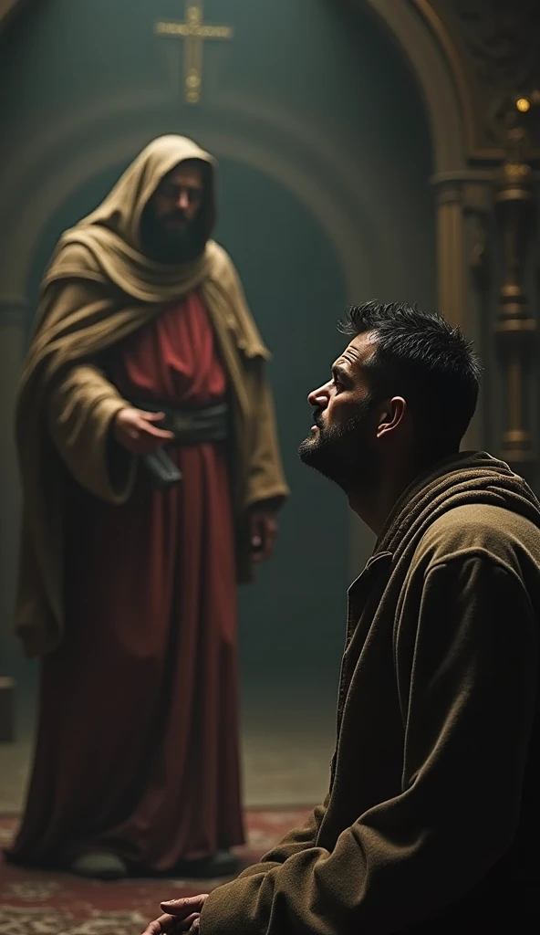 A distressed man approaching the saint with a look of worry and sadness.**