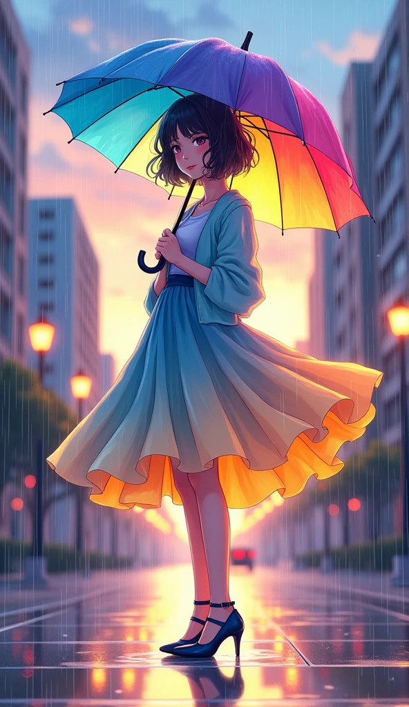 A vibrant anime-style illustration depicts a young woman standing in the center of a rainy urban street during sunset. She holds a colorful umbrella with a gradient from sky blue to light purple to golden yellow, its surface glistening with reflected light and scattered raindrops. The woman has short, wavy dark hair with bangs framing her face, gently swaying with the wind. Her expression is serene and contemplative as she gazes slightly to the right. She wears a semi-transparent light blue coat over a white top and a flowing skirt that transitions from light blue at the top to golden yellow at the bottom, catching the light and creating a dynamic, high-contrast effect. The skirt's inner surface has an iridescent quality, reflecting the vibrant hues of the setting sun. Her feet are covered by sleek, glossy navy blue high-heeled shoes with thin straps around the ankles, puddles forming around them as they reflect the surrounding colors. The background showcases a dramatic rainy cityscape with tall buildings and street lamps, their warm lights contrasting beautifully with the cool tones of the rain. The sky is filled with fluffy clouds illuminated by the setting sun, displaying a palette of soft peach, light pink, and golden hues. Raindrops are visible throughout the scene, creating a sense of movement and atmosphere. The wet ground reflects the warm colors of the sunset, adding depth and a dreamy quality to the image. The overall lighting is soft and diffused, with a mix of natural and artificial light sources, creating a balanced exposure that highlights the serene yet dynamic mood of the rainy evening. The composition centers the female character, emphasizing her as the focal point amidst the rainy backdrop, with the high contrast between the vivid colors and the muted tones of the urban environment enhancing the dreamlike quality of the scene.