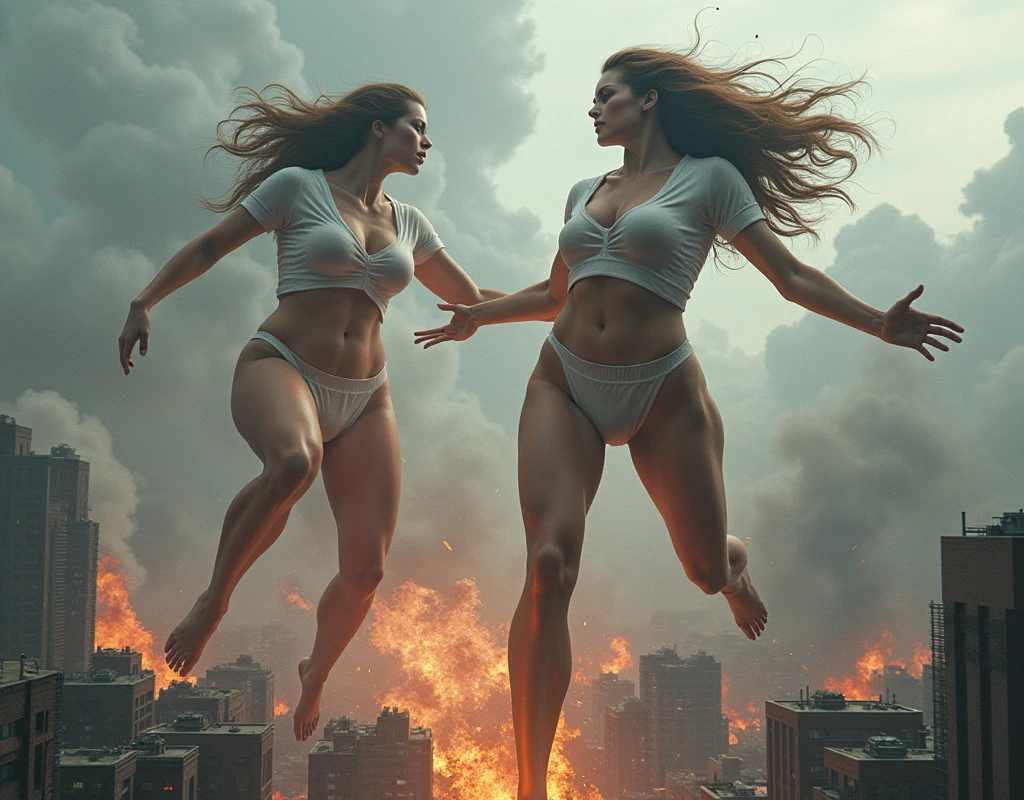 (Giant girl Art), (Super Best masterpiece giant girl Raw Photography Art), (16K, Highest quality, Ultra-high resolution, RAW Photos), (Although it is the real world, It's so unrealistic.), (Very detailed描写の, fight巨人女, Ultra-realistic), (Asian Women, So beautiful and detailed, Perfect female body, Accurate female body structure, Accurate female body movements, Very detailed女体ボディ, Super big breasts), Short sleeve shirt, Short skirt, I can see your pants, Very cute face, (Very detailed描写, Clear and accurate perspective depiction, Ultra-wide field of view, Focus on the average value of the image), (Very detailed, World collapse panic movie depiction), Height 1,000m class giant girl, 2 people, The face and body are identical, fight, Scramble, Catfight, Action Movie, (2 peopleの巨女がミニチュアな街まるごとぶっ壊す描写), 見物客はfightの巻き添えに遭う, Top View