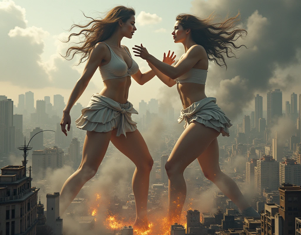 (Giant girl Art), (Super Best masterpiece giant girl Raw Photography Art), (16K, Highest quality, Ultra-high resolution, RAW Photos), (Although it is the real world, It&#39;s so unrealistic.), (Very detailed描写の, fight巨人女, Ultra-realistic), (Asian Women, So beautiful and detailed, Perfect female body, Accurate female body structure, Accurate female body movements, Very detailed女体ボディ, Super big breasts), Short sleeve shirt, Short skirt, I can see your pants, Very cute face, (Very detailed描写, Clear and accurate perspective depiction, Ultra-wide field of view, Focus on the average value of the image), (Very detailed, World collapse panic movie depiction), Height 1,000m class giant girl, 2 people, The face and body are identical, fight, Scramble, Catfight, Action Movie, (2 peopleの巨女がミニチュアな街まるごとぶっ壊す描写), 見物客はfightの巻き添えに遭う, Top View