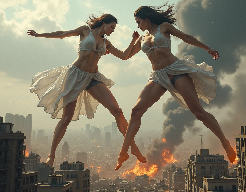 (Giant girl Art), (Super Best masterpiece giant girl Raw Photography Art), (16K, Highest quality, Ultra-high resolution, RAW Photos), (Although it is the real world, It's so unrealistic.), (Very detailed描写の, fight巨人女, Ultra-realistic), (Asian Women, So beautiful and detailed, Perfect female body, Accurate female body structure, Accurate female body movements, Very detailed女体ボディ, Super big breasts), Short sleeve shirt, Short skirt, I can see your pants, Very cute face, (Very detailed描写, Clear and accurate perspective depiction, Ultra-wide field of view, Focus on the average value of the image), (Very detailed, World collapse panic movie depiction), Height 1,000m class giant girl, 2 people, The face and body are identical, fight, Scramble, Catfight, Action Movie, (2 peopleの巨女がミニチュアな街まるごとぶっ壊す描写), 見物客はfightの巻き添えに遭う, Top View
