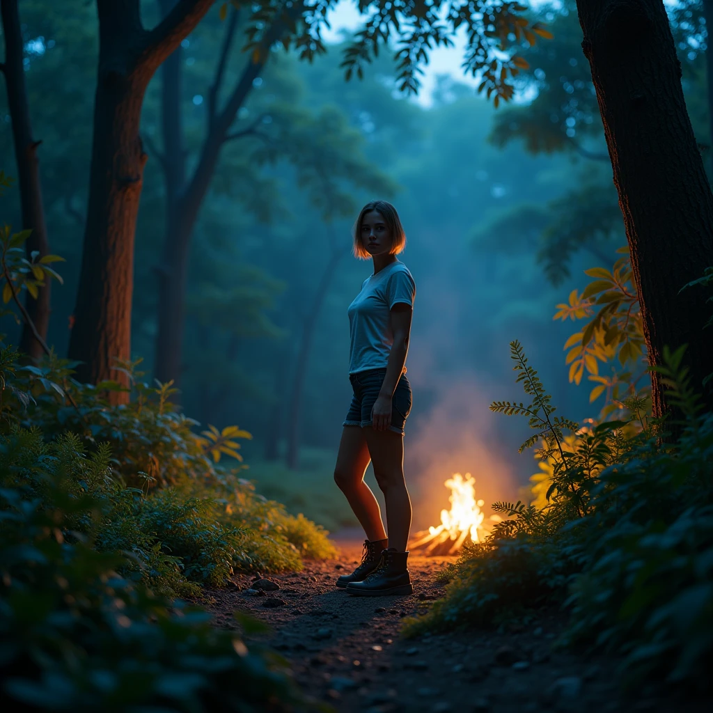 A full body, portrait of a American-looking women with short hair wearing boots. She is 170 cm tall and weighs 70 kg. she is wearing white tshirt, standing in a jungle near her camp. she is an night camper. The background has night light, creating a magical forest and camp scene. The women is standing in the corner, creating a mystical forest atmosphere. . Her face is looking at the camera, and the portrait is taken from the side. The image should be realistic and bright