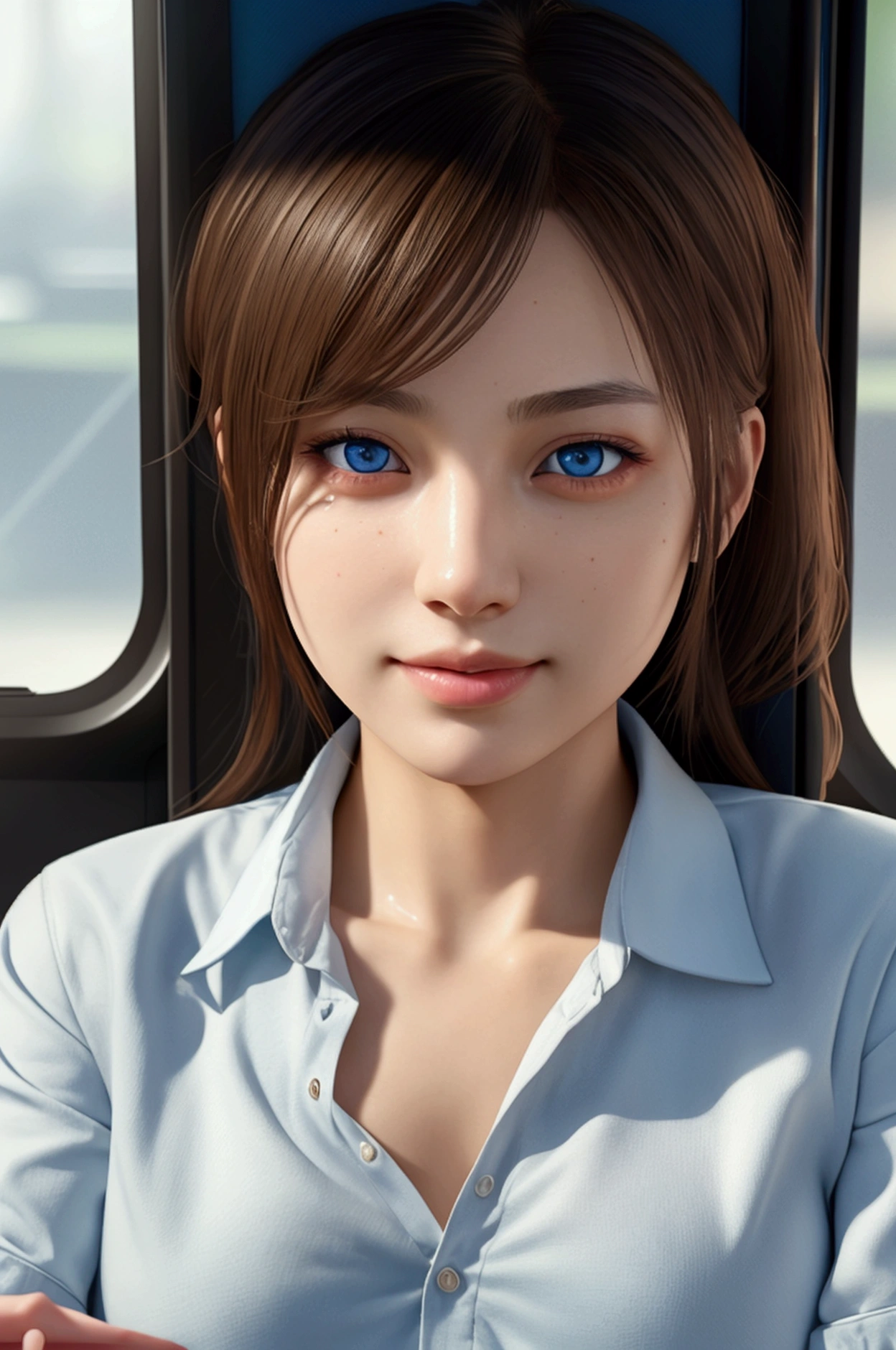 NSFW,a schoolgirl sitting on a bus seat,charming smile,mixed race of Japanese and Northern Europeans,large clear light blue eyes,droppy eyes,photorealistic, 8k, ultra-detailed, masterpiece, realistic, vivid colors, beautiful detailed eyes, beautiful detailed lips, extremely detailed face, intricate details, hyper realistic, cinematic lighting, dramatic shadows, stunning composition, intense atmosphere, highly detailed skin, exquisite facial features, volumetric lighting, raytraced global illumination, physically-based rendering, professional digital art