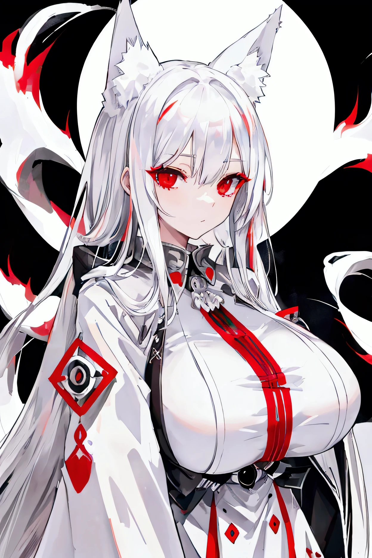 Silver hair, long hair, red eyes, cute face,sexy , Z_CUP(HUGE_BREASTS) , White fox ears, nine white fox tails, There is a white fox mask on the top right of the head,white jacket 