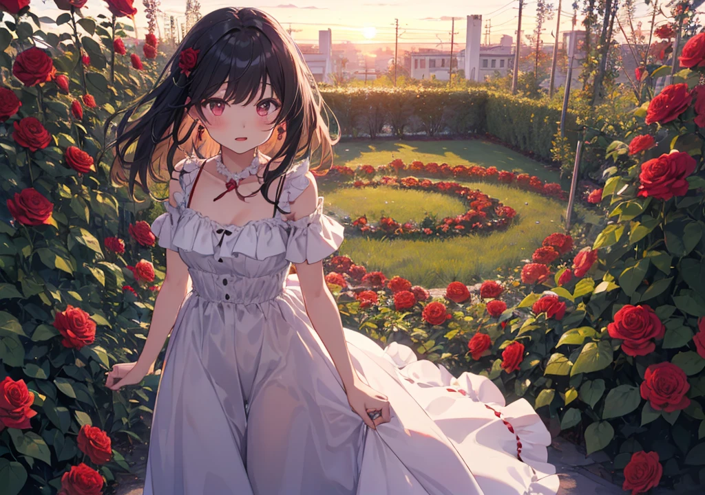A girl stands surrounded by red roses in full bloom in a garden at dusk. Her hair is dark cherry red and sways beautifully like the roses swaying in the wind. She wears a white dress and has a calm, passionate expression. The soft sunset in the background emphasizes the romantic atmosphere