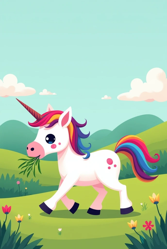 Unicorn with green grass in its mouth walking on a meadow with rainbow tail rainbow mane simple cartoon style with open eyes
