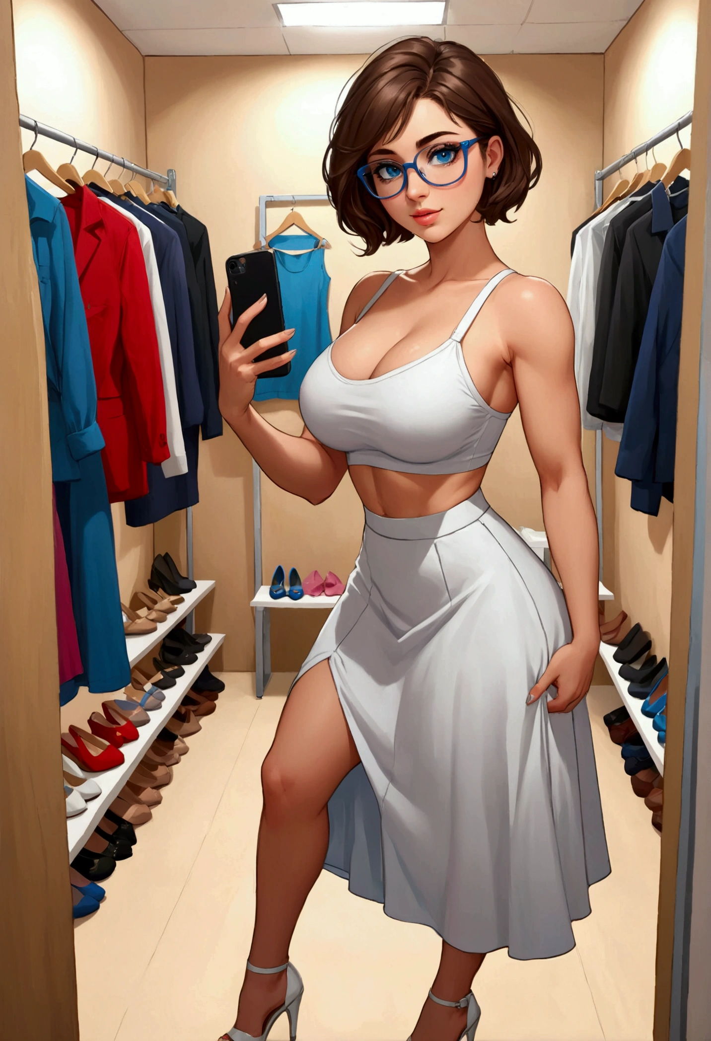 20 years old woman, Short brown hair, Mediterranean with blue eyes, Generous and heavy breasts, slender waist, definition of l&#39;estomac, fesses rebondies et pulpeuses, naturally curved, muscular thighs, aguicheuse , blue eye, lunettes, fitting room, white long skirt, wedge heels ,Selfie, bralette 